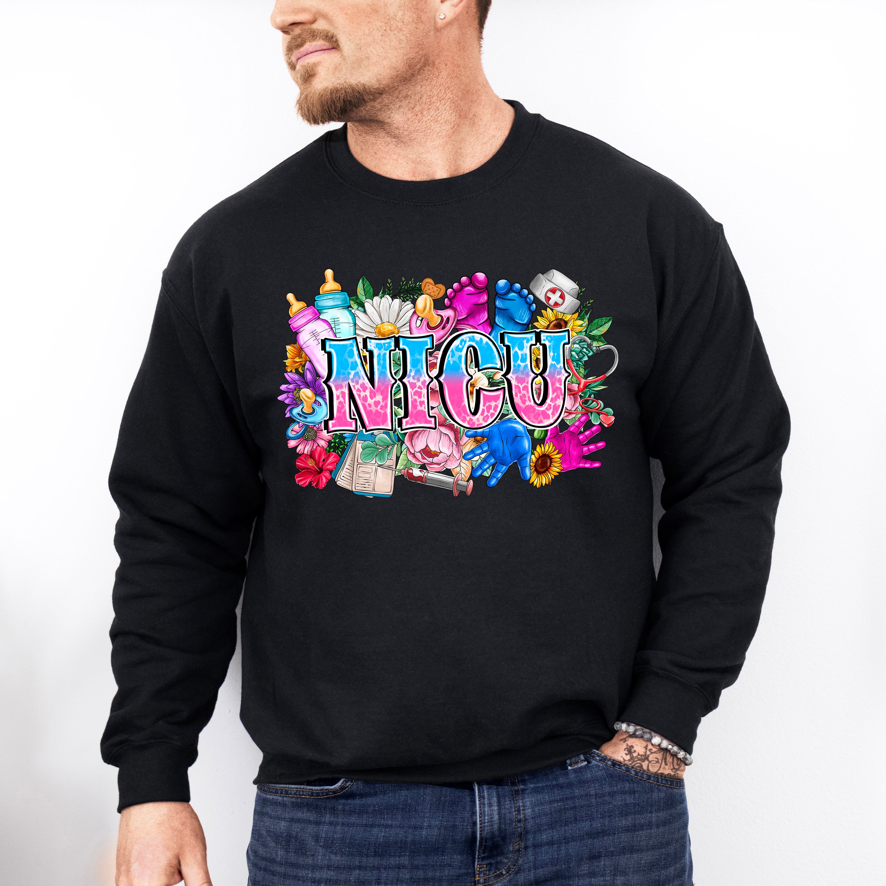 NICU Flowers And Doodles Design - NICU Nurse Unisex Crewneck T-Shirt Sweatshirt Hoodie