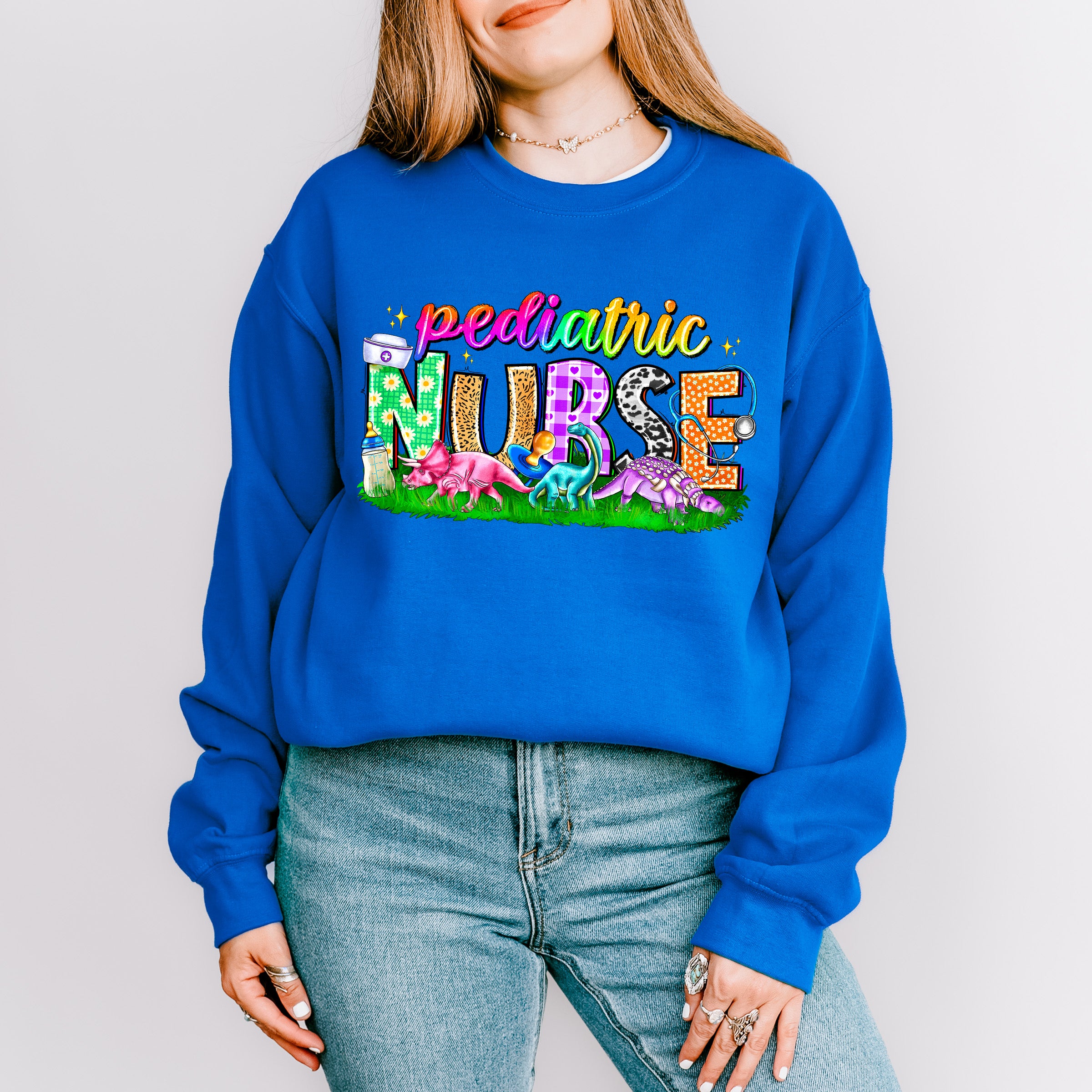 Colorful Pediatric Nurse Dinosaur Design - Pediatric Nurse Unisex Crewneck T-Shirt Sweatshirt Hoodie