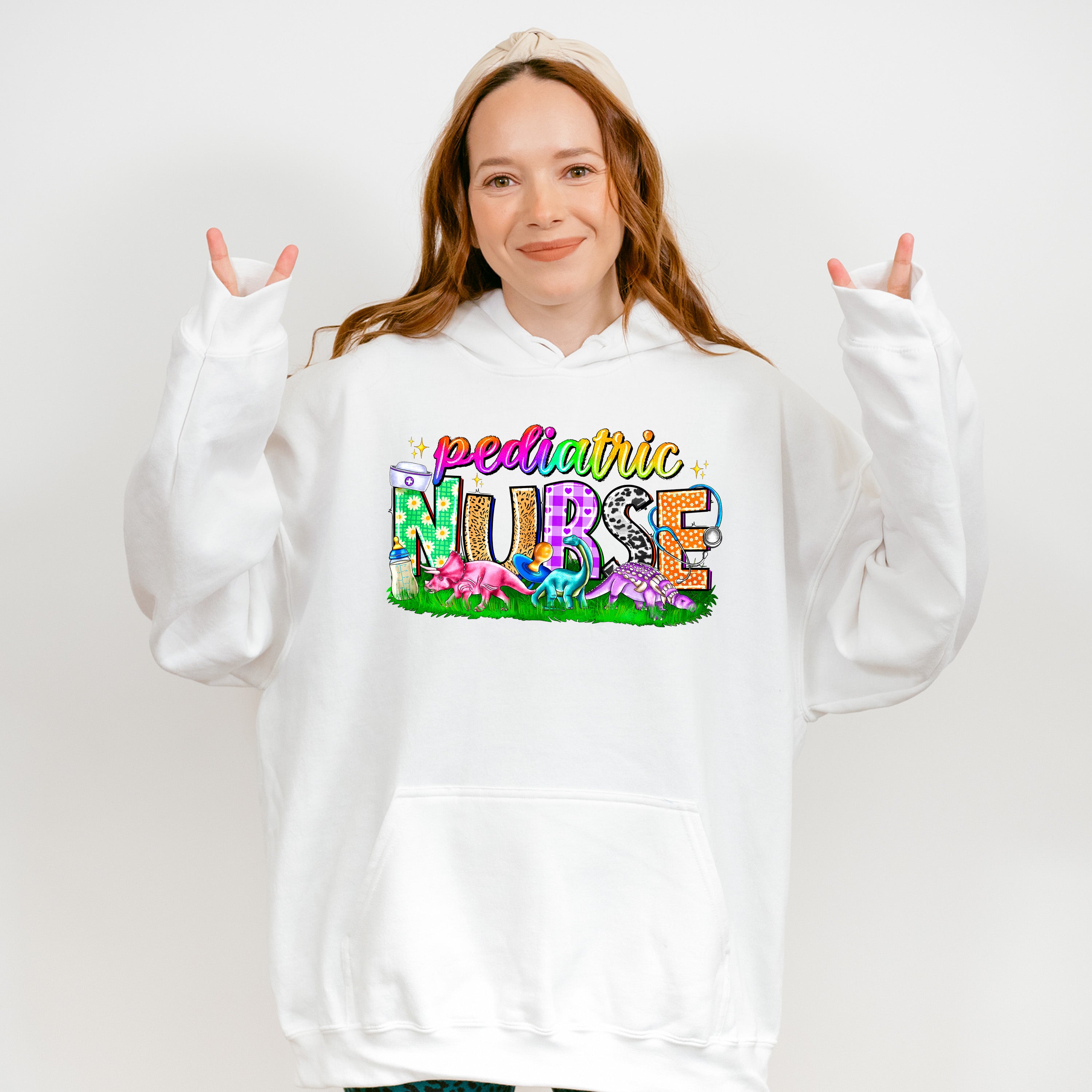 Colorful Pediatric Nurse Dinosaur Design - Pediatric Nurse Unisex Crewneck T-Shirt Sweatshirt Hoodie