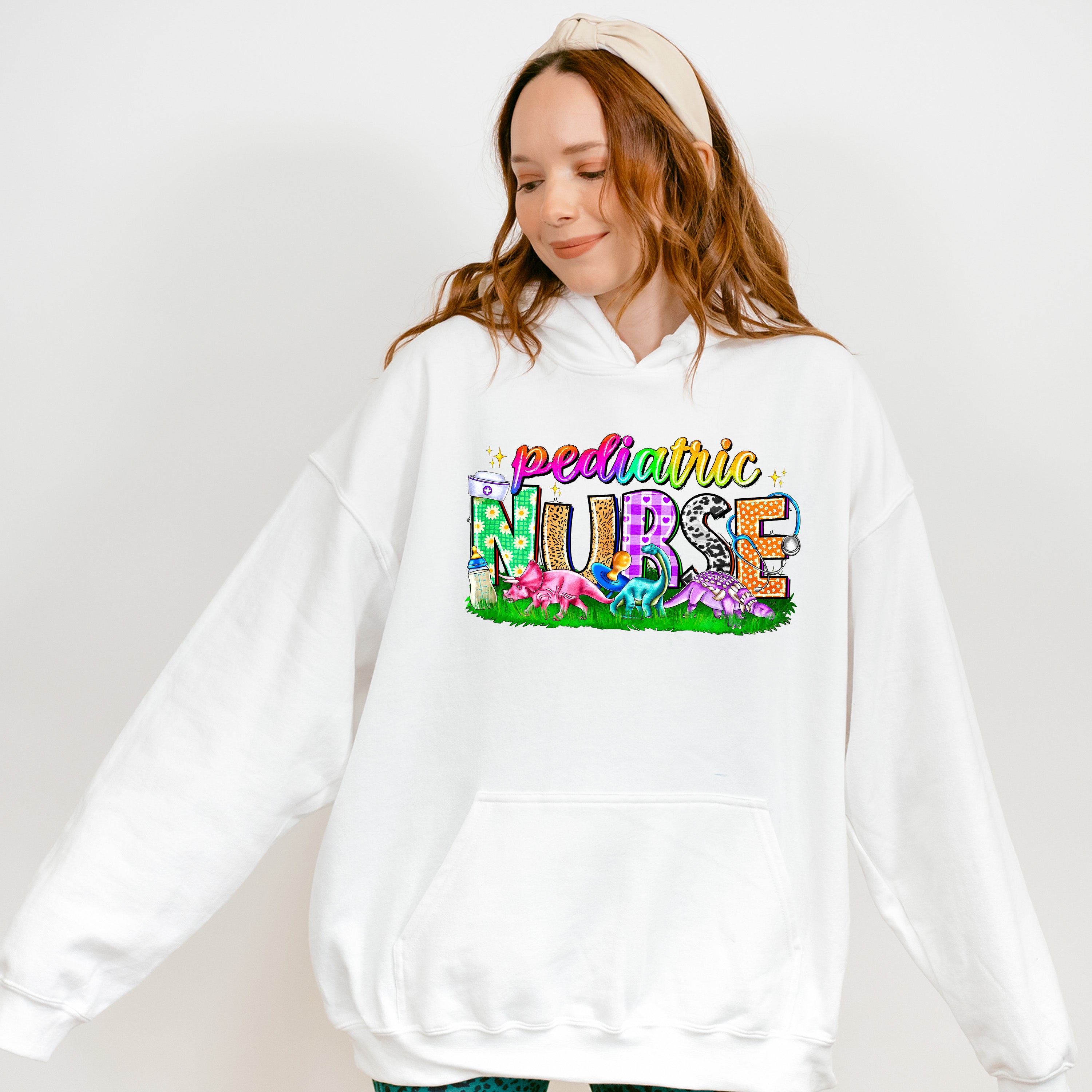 Colorful Pediatric Nurse Dinosaur Design - Pediatric Nurse Unisex Crewneck T-Shirt Sweatshirt Hoodie