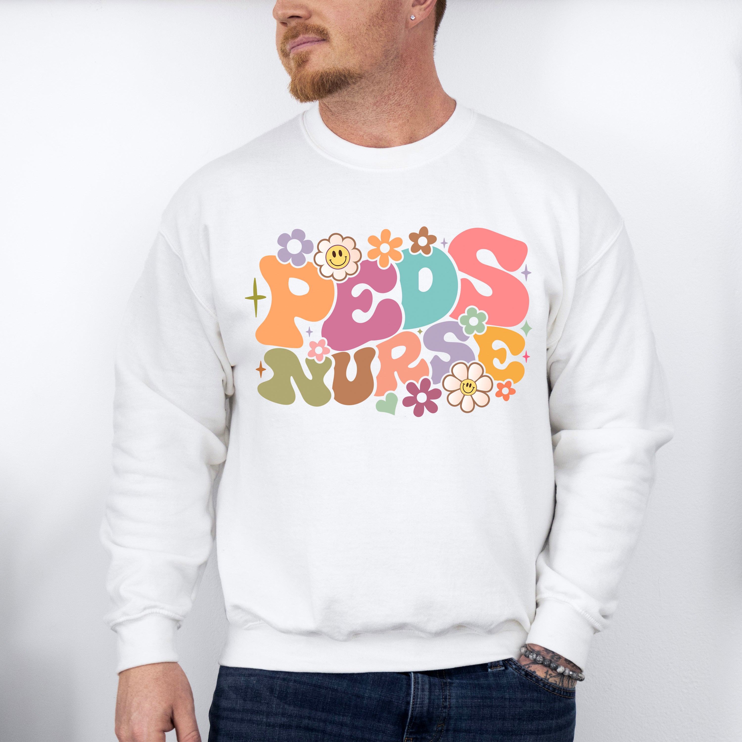 Groovy Floral Peds Nurse Design - Pediatric Nurse Unisex Crewneck T-Shirt Sweatshirt Hoodie