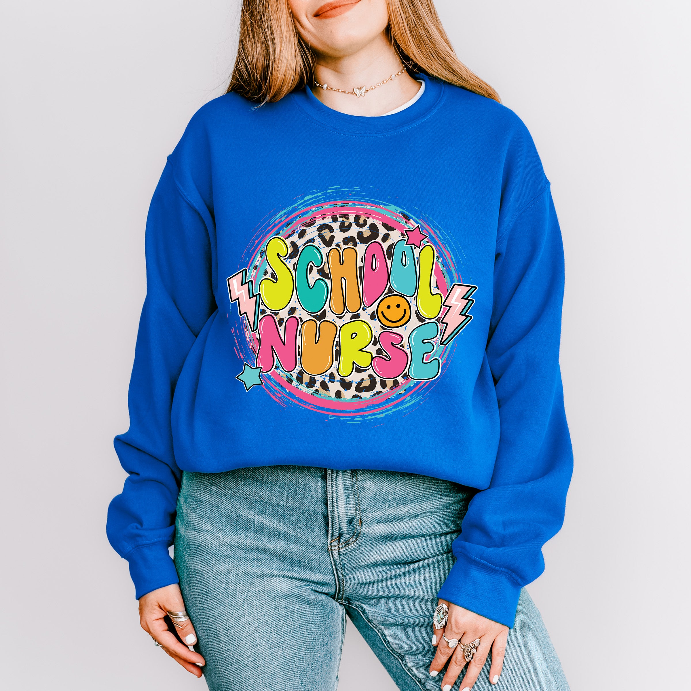 School Nurse Lightning Circle Leopard Design - School Nurse Unisex Crewneck T-Shirt Sweatshirt Hoodie