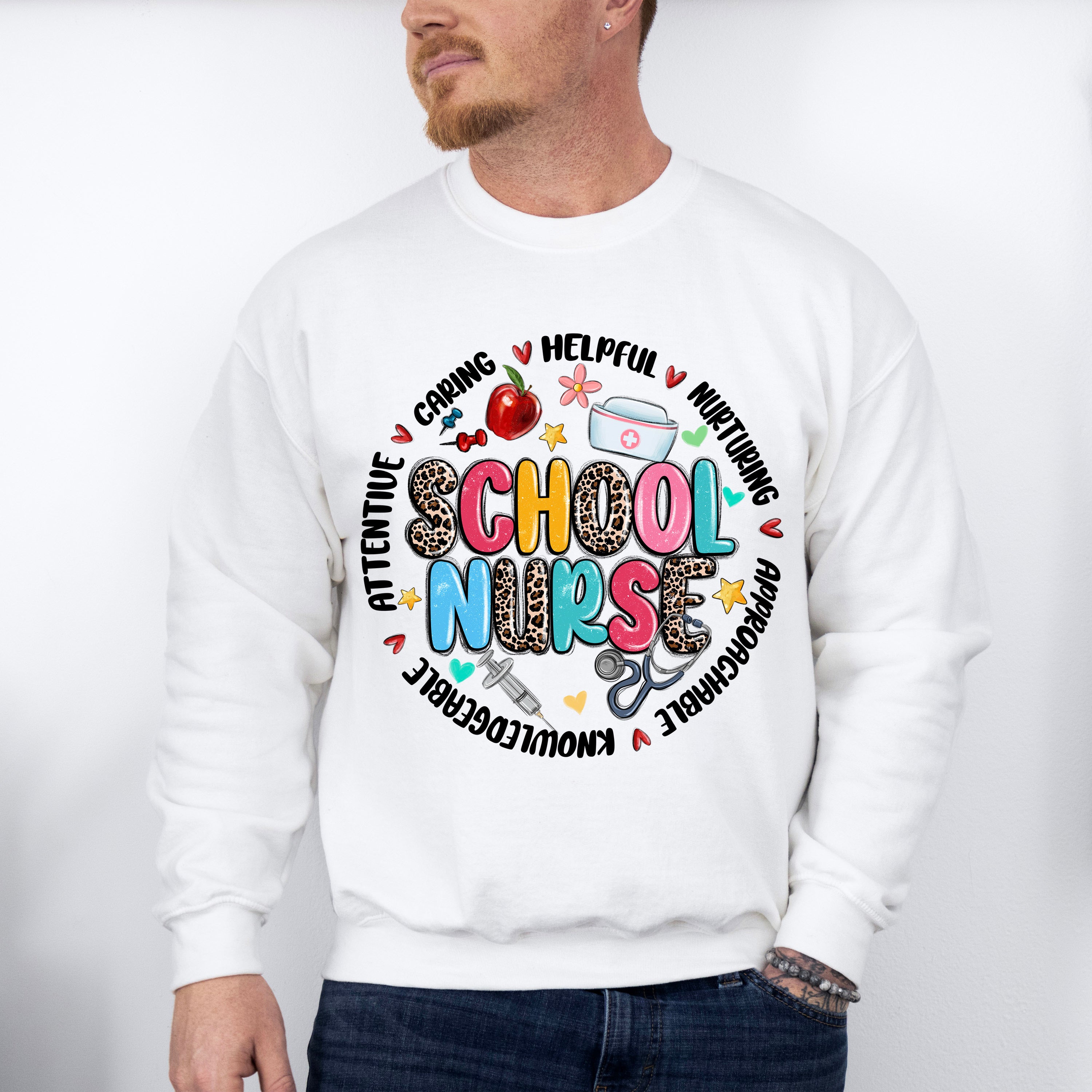 School Nurse Leopard Circle Design - School Nurse Unisex Crewneck T-Shirt Sweatshirt Hoodie