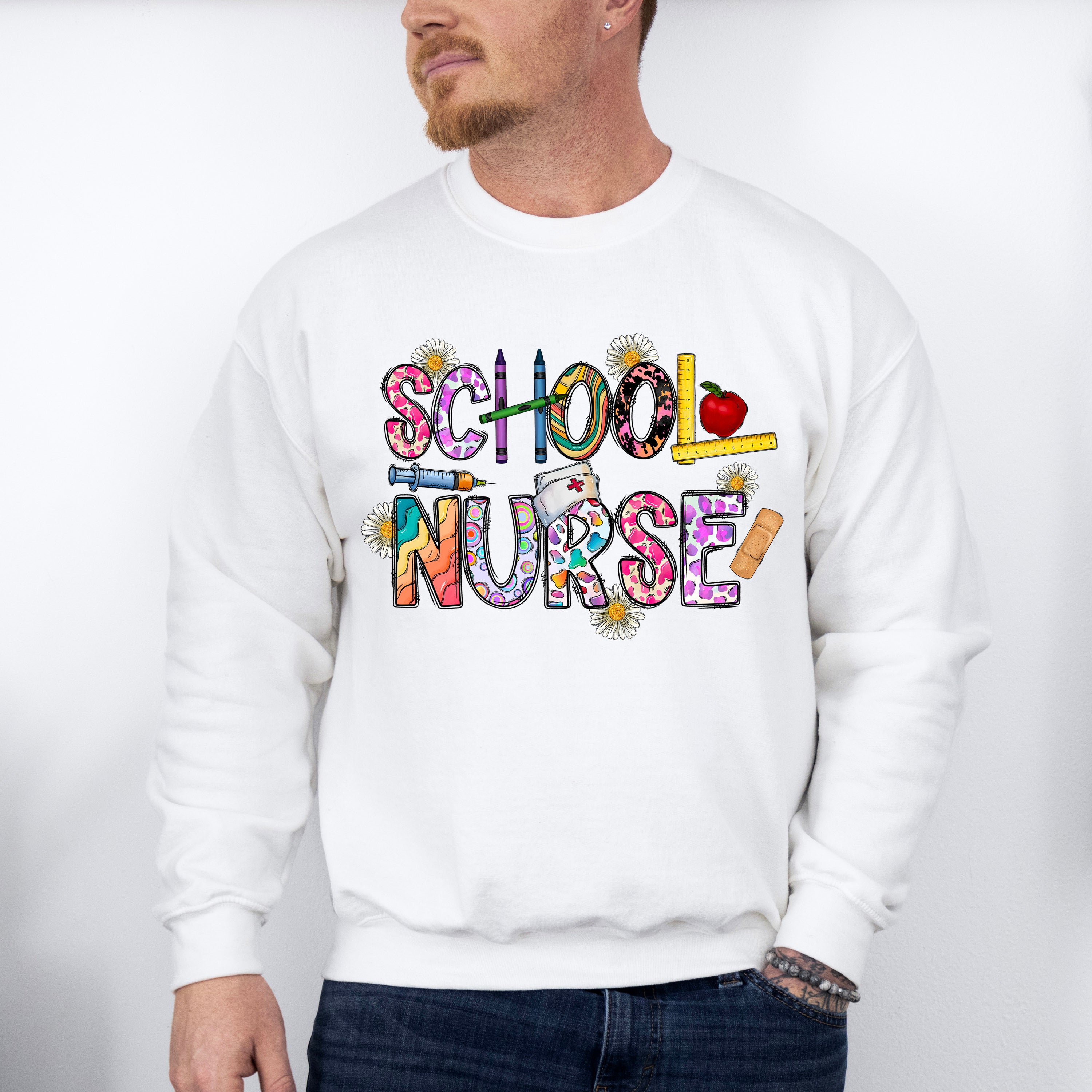 Flowers And Crayons School Nurse Design - School Nurse Unisex Crewneck T-Shirt Sweatshirt Hoodie