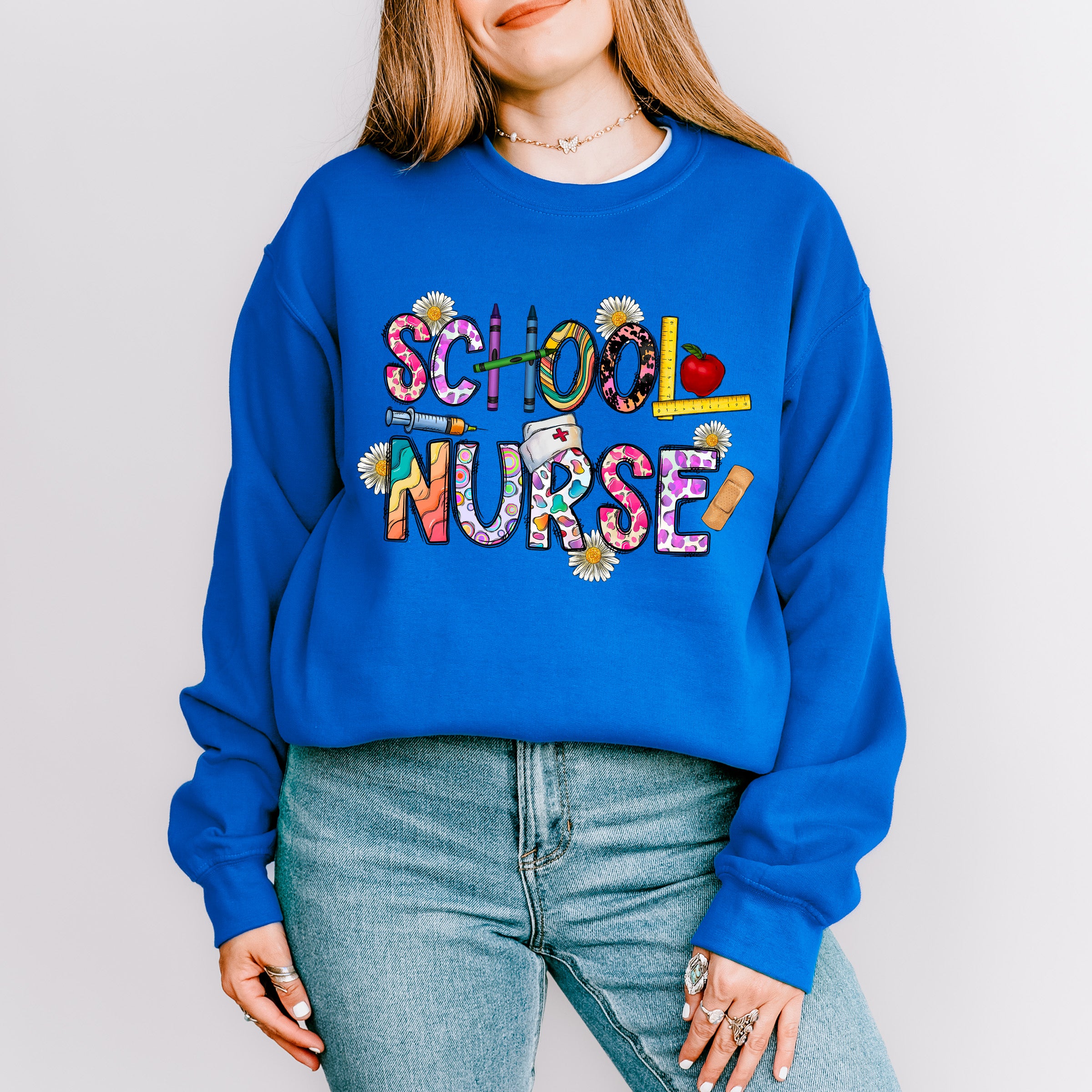 Flowers And Crayons School Nurse Design - School Nurse Unisex Crewneck T-Shirt Sweatshirt Hoodie