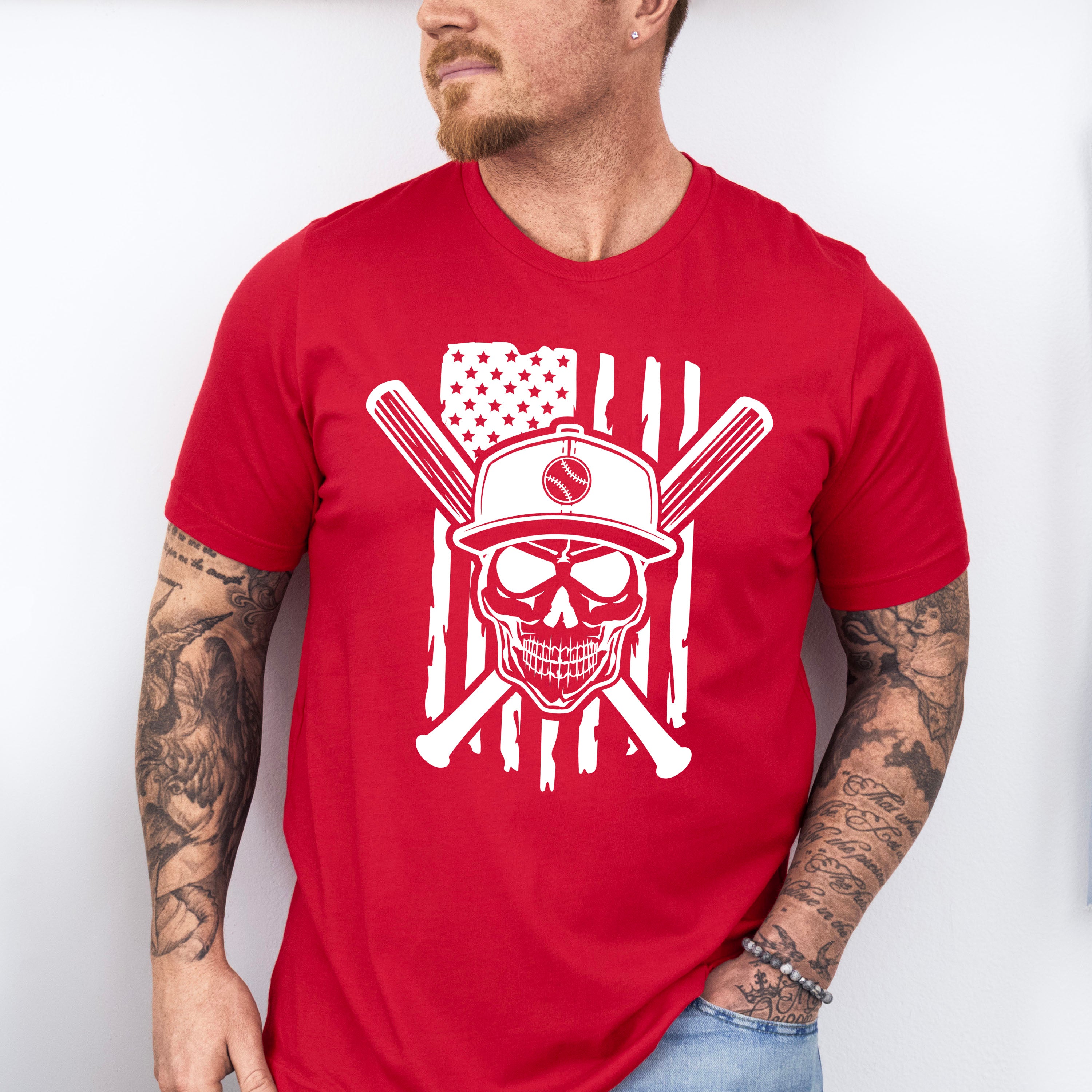 US Flag Skull Design - Baseball Unisex Crewneck T-Shirt Sweatshirt Hoodie