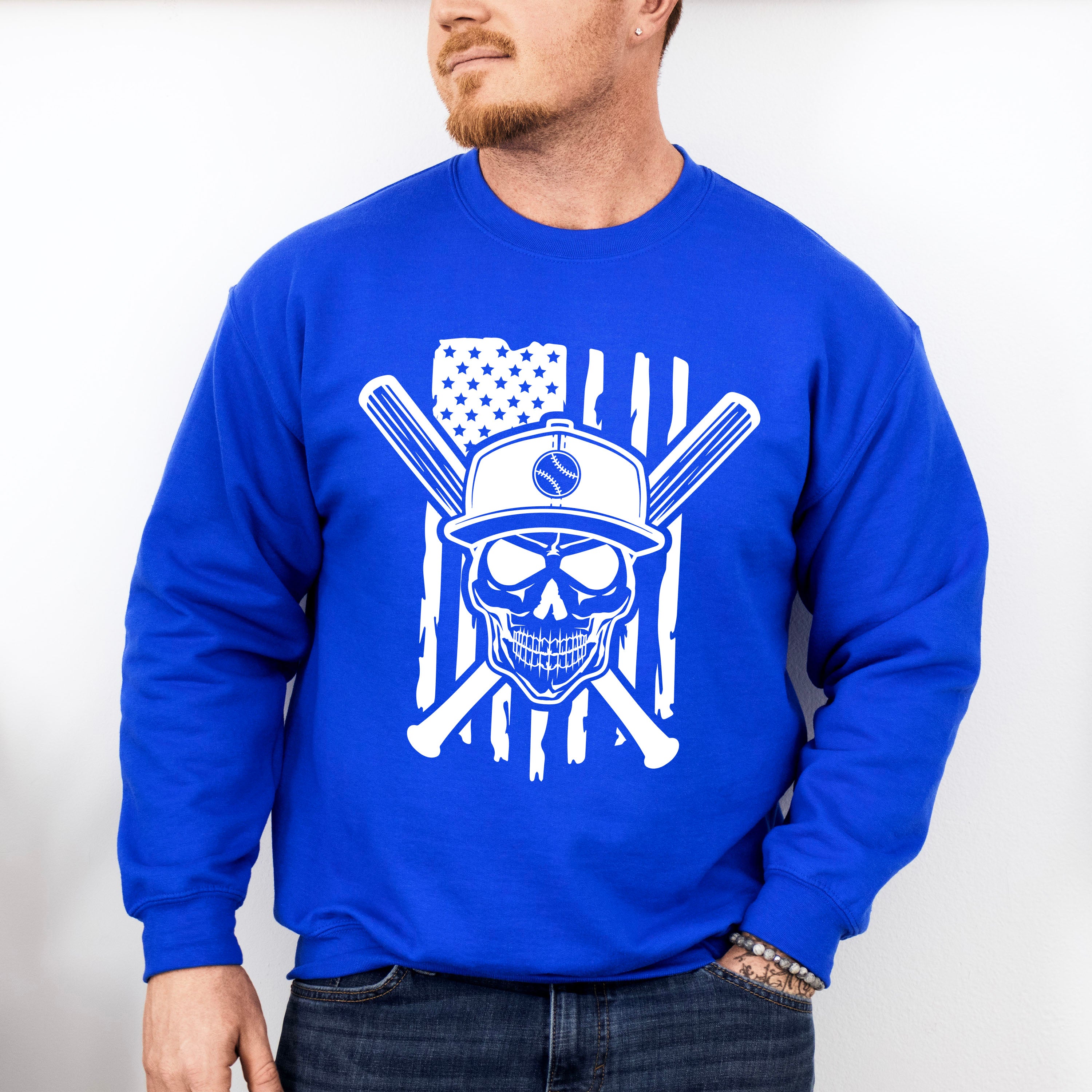 US Flag Skull Design - Baseball Unisex Crewneck T-Shirt Sweatshirt Hoodie