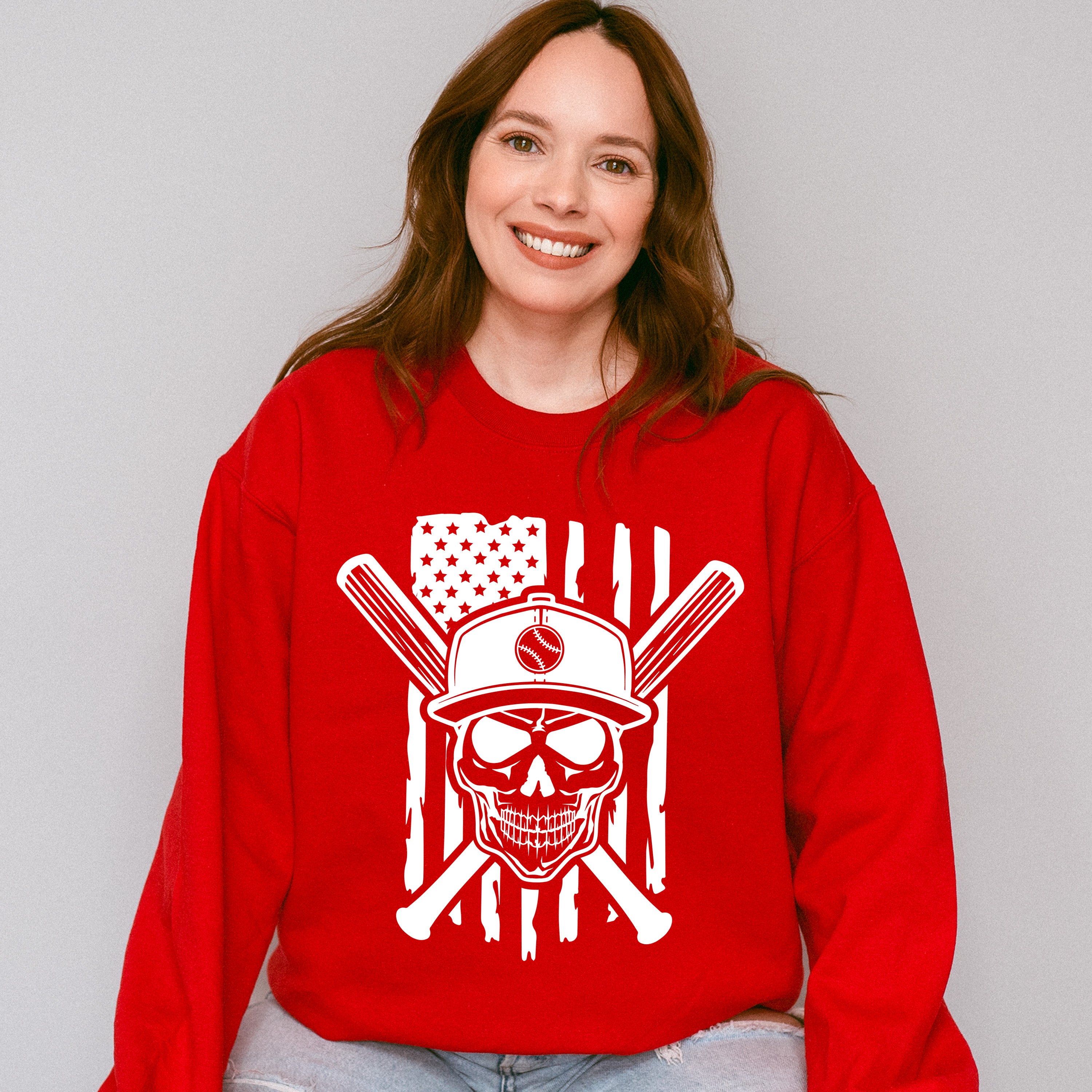 US Flag Skull Design - Baseball Unisex Crewneck T-Shirt Sweatshirt Hoodie