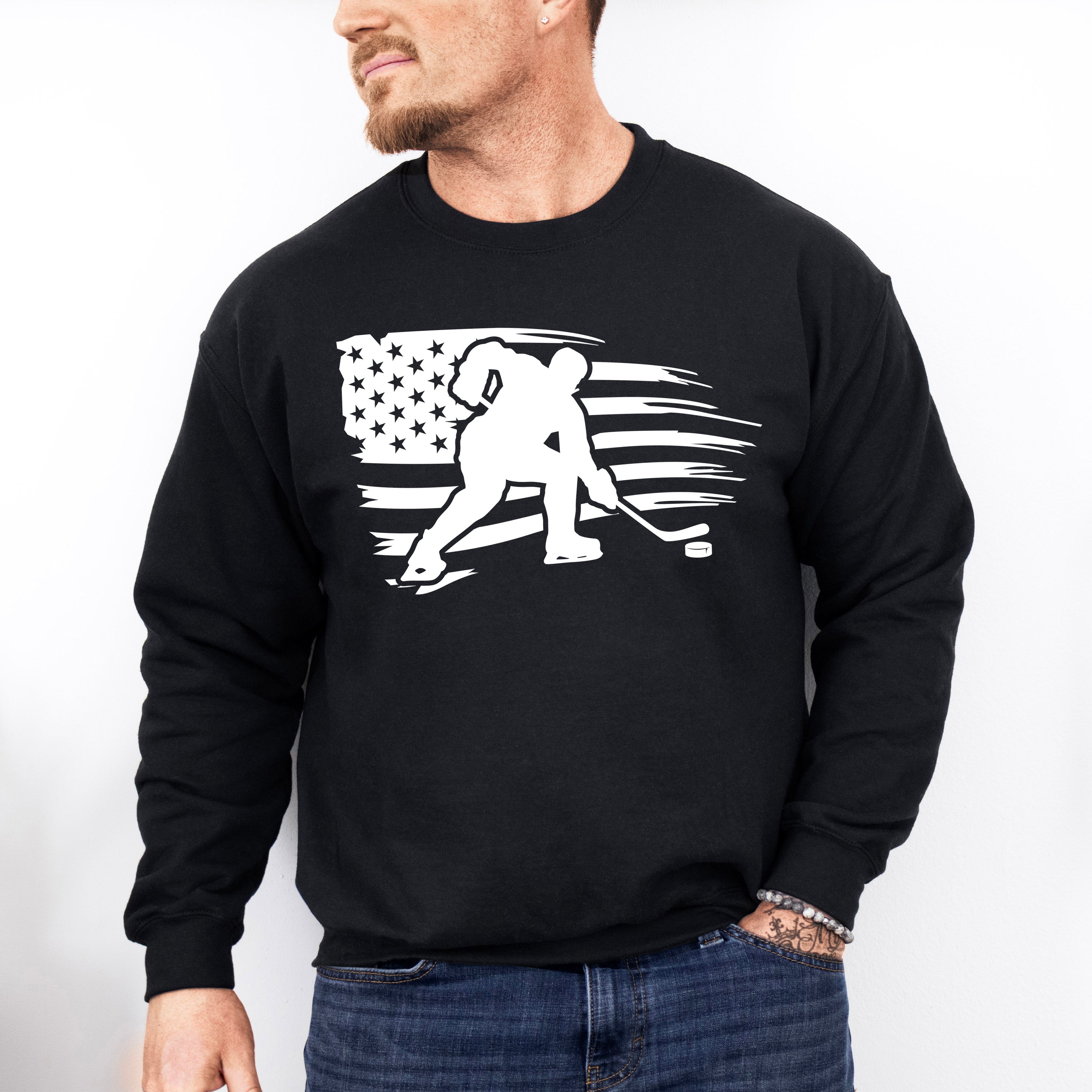 US Flag Hockey Player Design - Hockey Unisex Crewneck T-Shirt Sweatshirt Hoodie