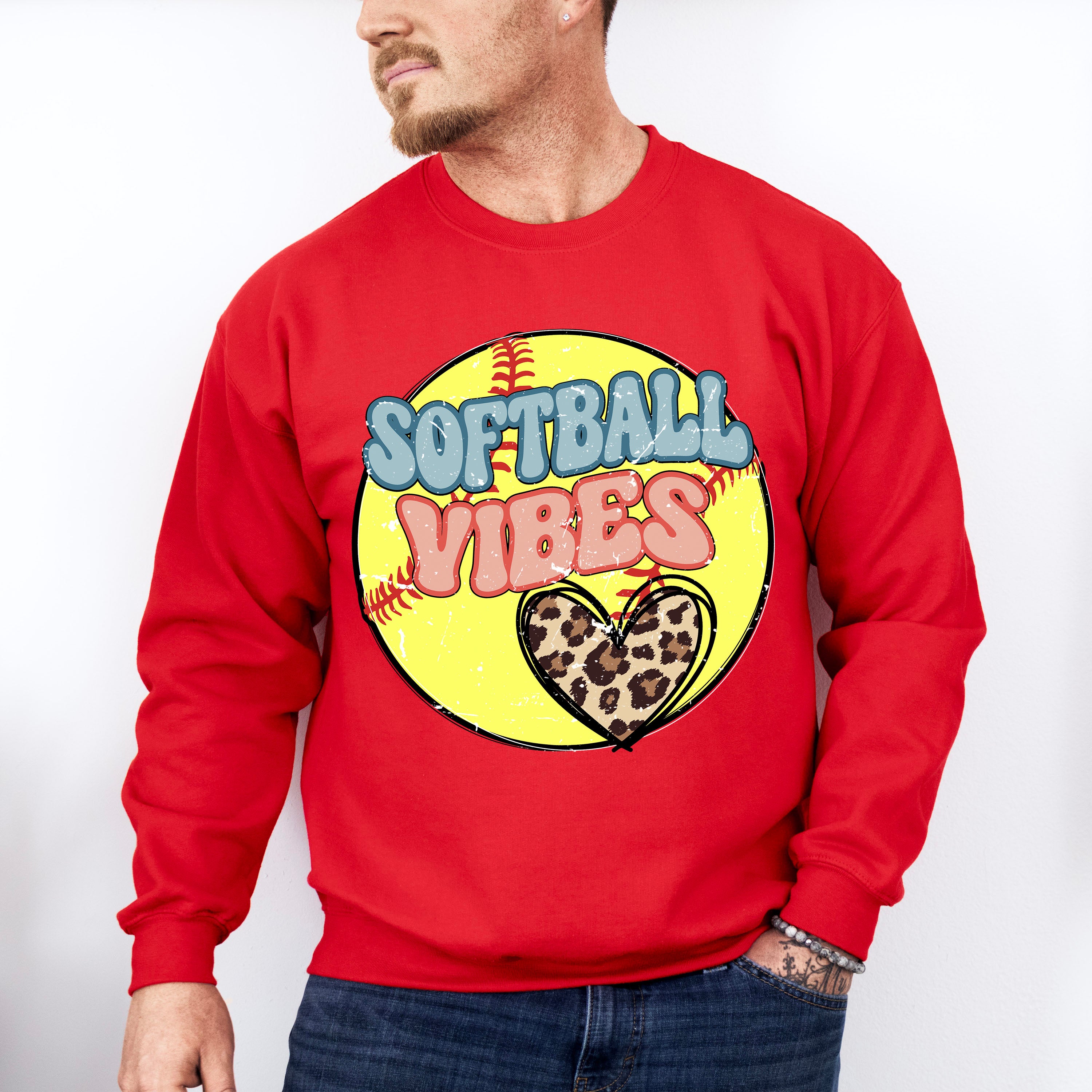 Softball Vibes Leopard Heart Design - Softball Unisex Crewneck T-Shirt Sweatshirt Hoodie