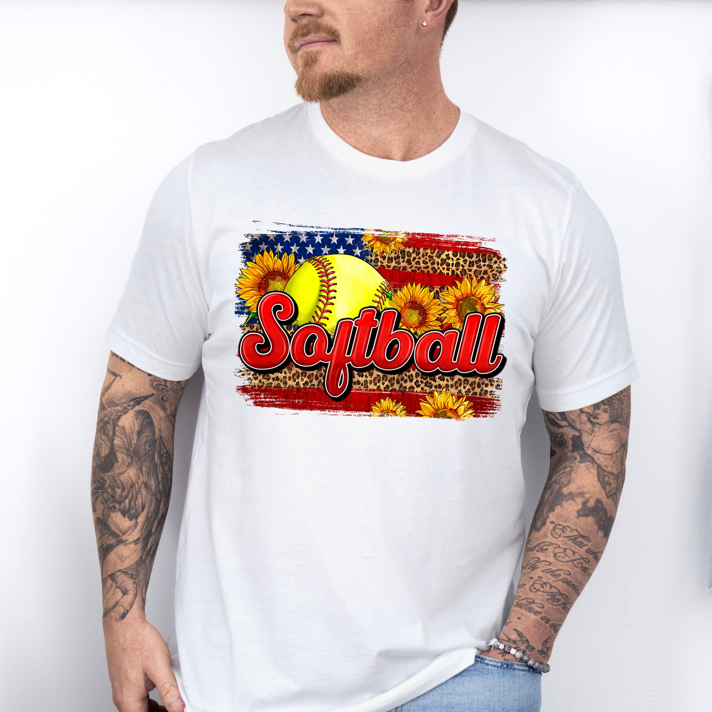 Softball US Flag Sunflowers Design - Softball Unisex Crewneck T-Shirt Sweatshirt Hoodie