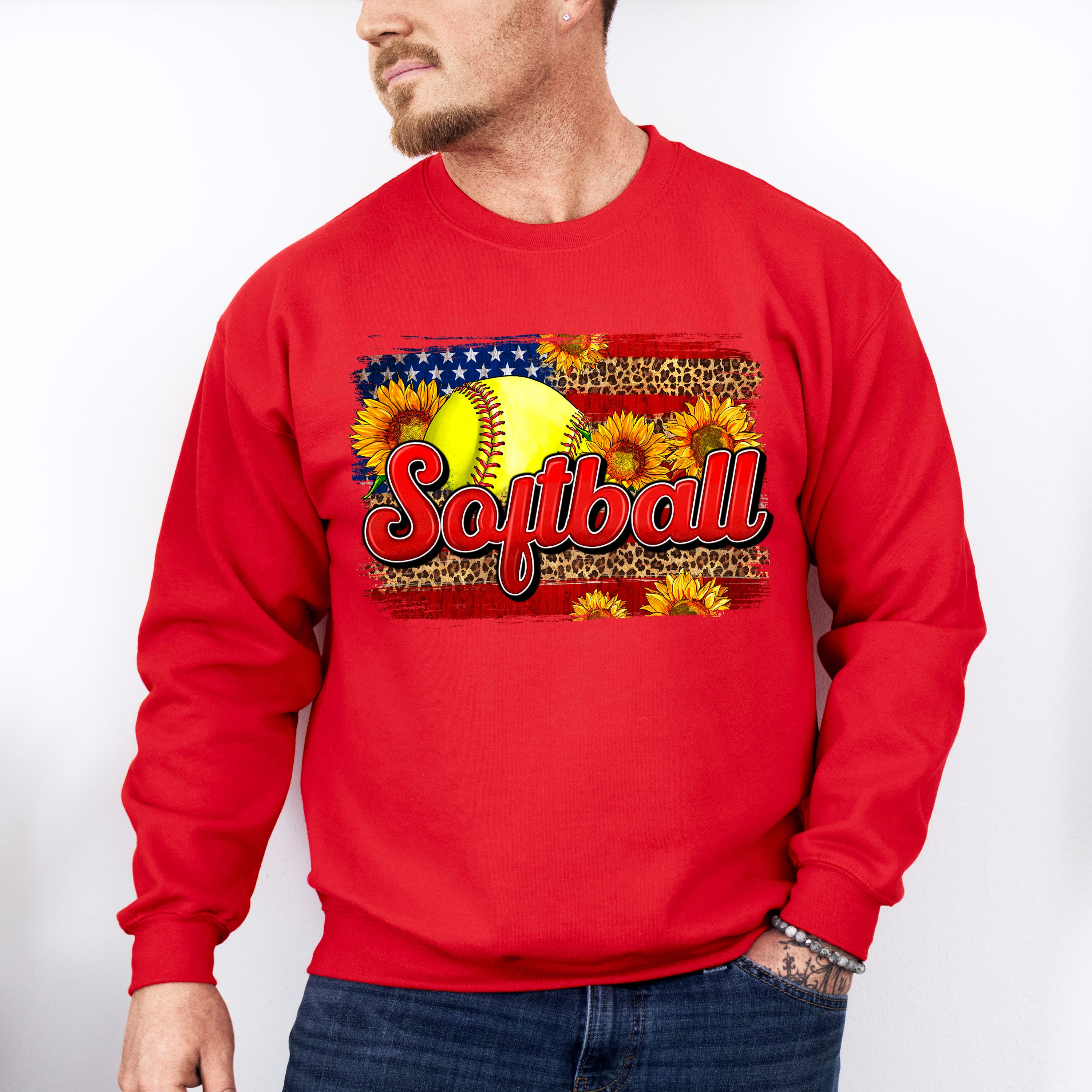 Softball US Flag Sunflowers Design - Softball Unisex Crewneck T-Shirt Sweatshirt Hoodie