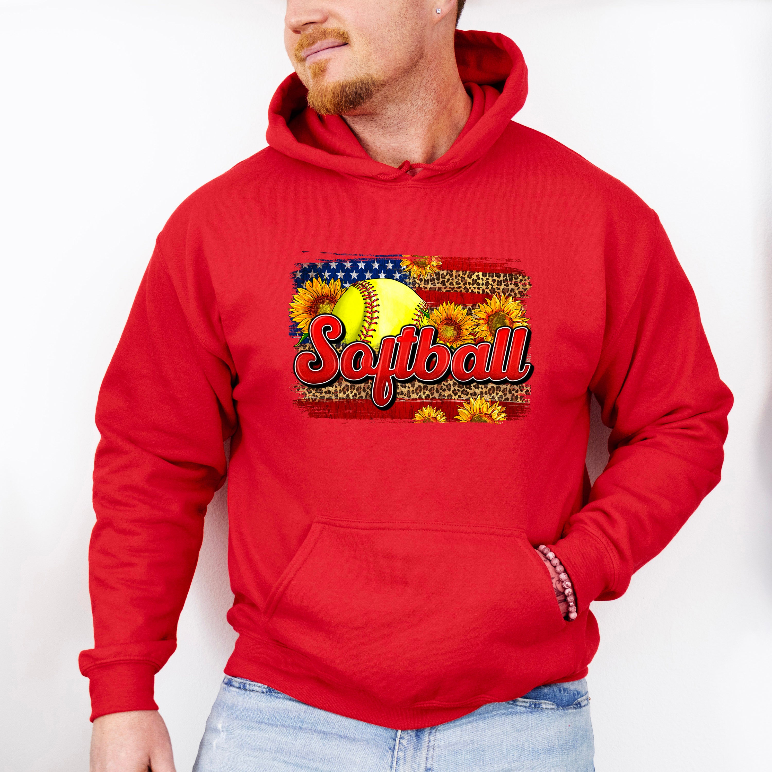 Softball US Flag Sunflowers Design - Softball Unisex Crewneck T-Shirt Sweatshirt Hoodie