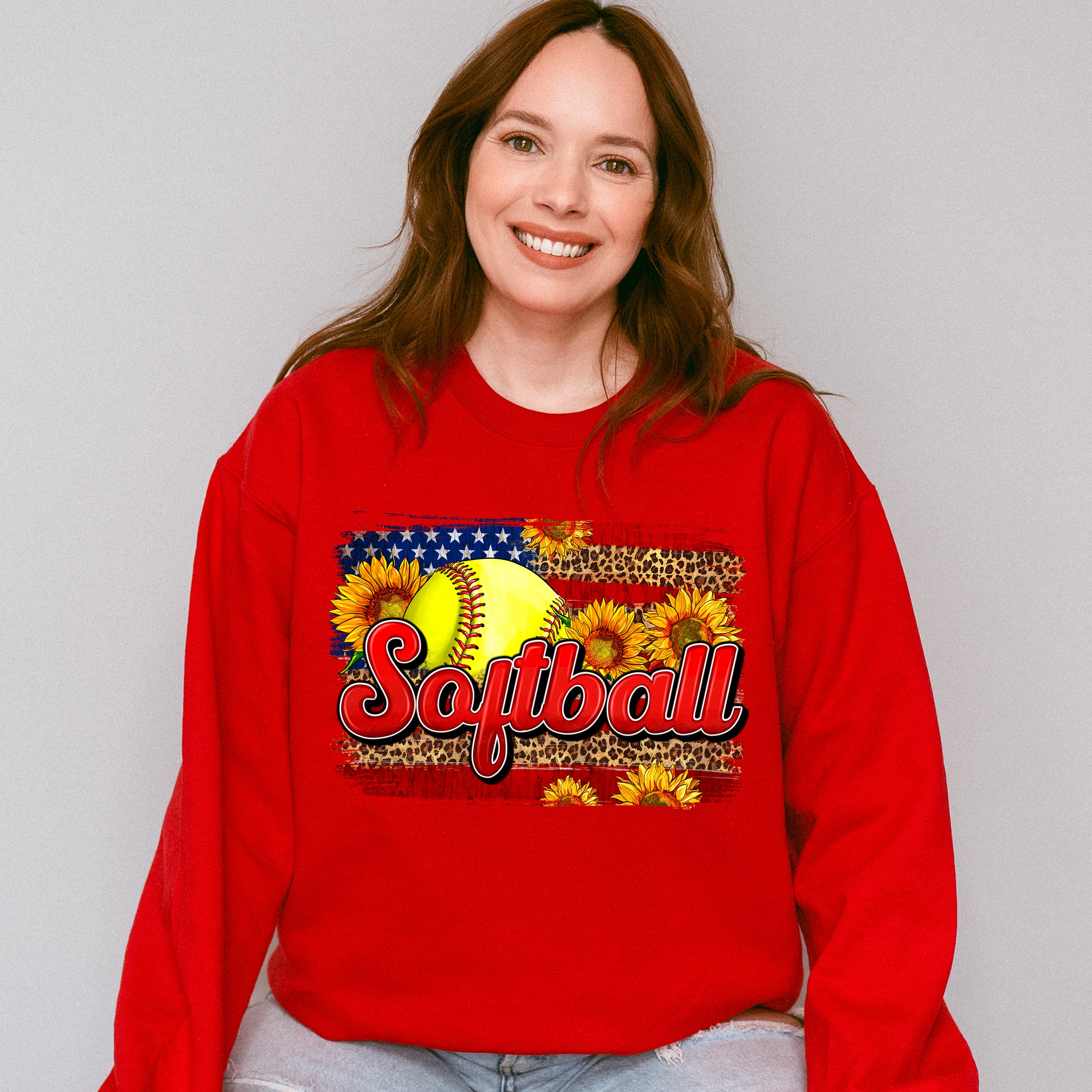 Softball US Flag Sunflowers Design - Softball Unisex Crewneck T-Shirt Sweatshirt Hoodie