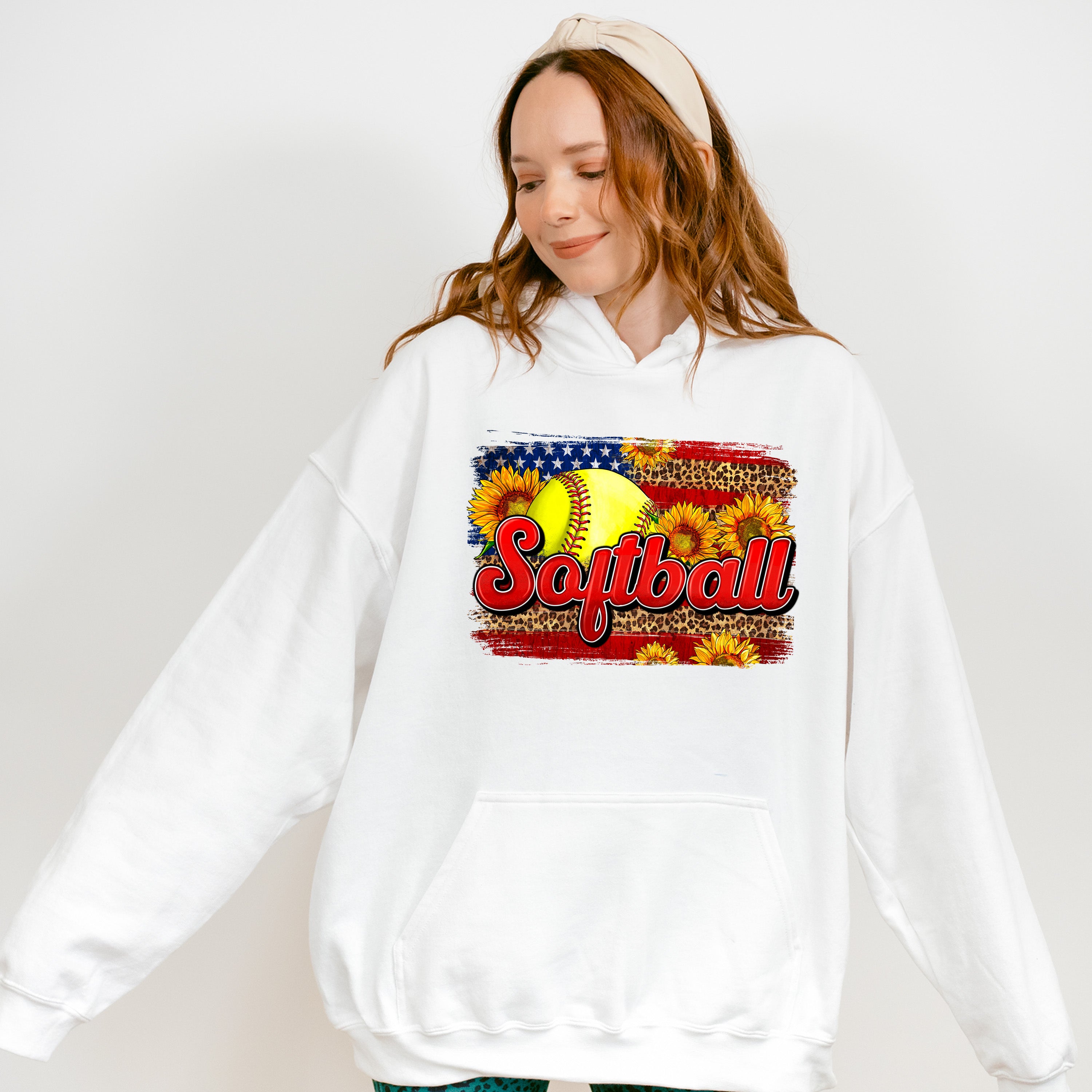Softball US Flag Sunflowers Design - Softball Unisex Crewneck T-Shirt Sweatshirt Hoodie