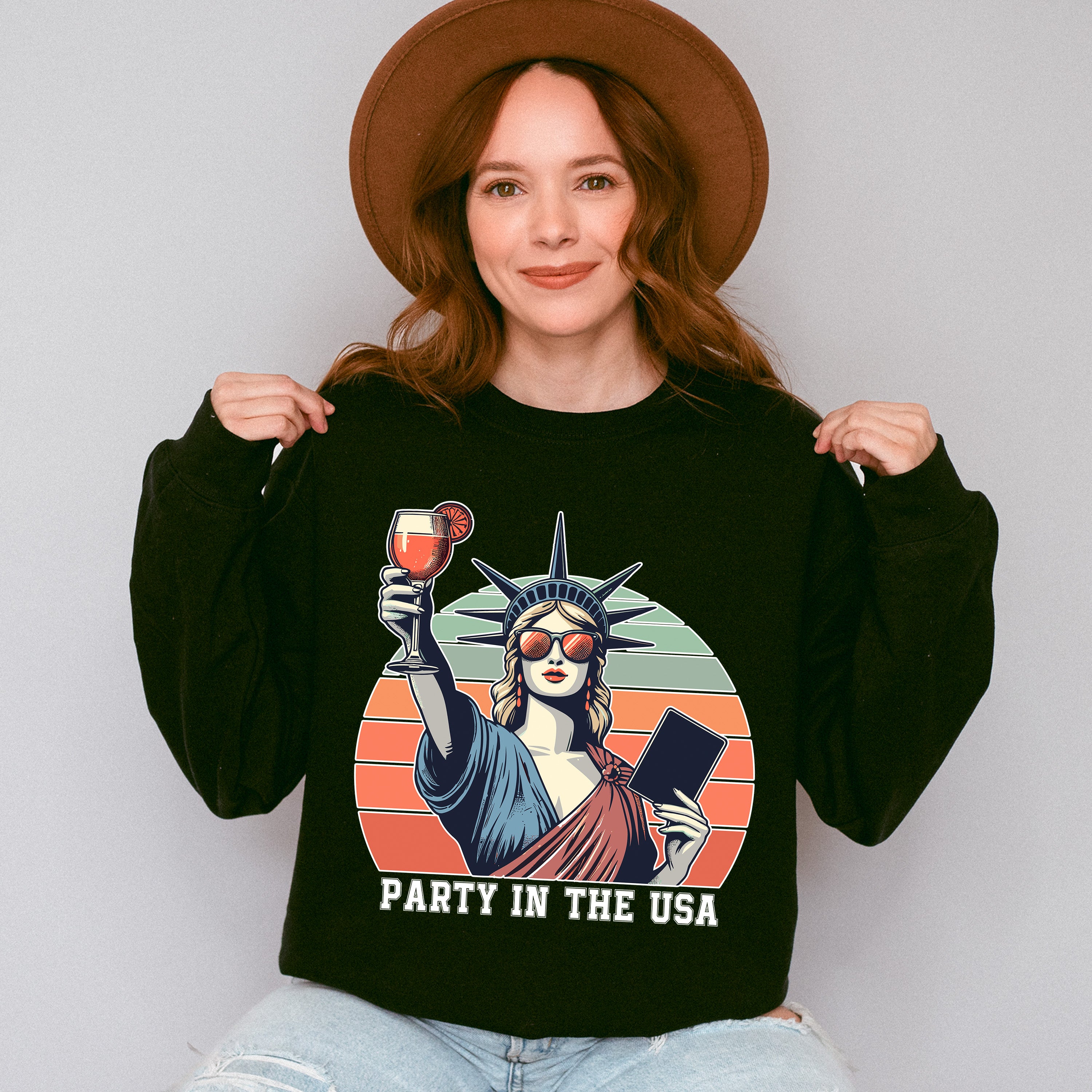 Statue Of Liberty Holding Drink 4Th Of July Unisex Crewneck T-Shirt Sweatshirt Hoodie