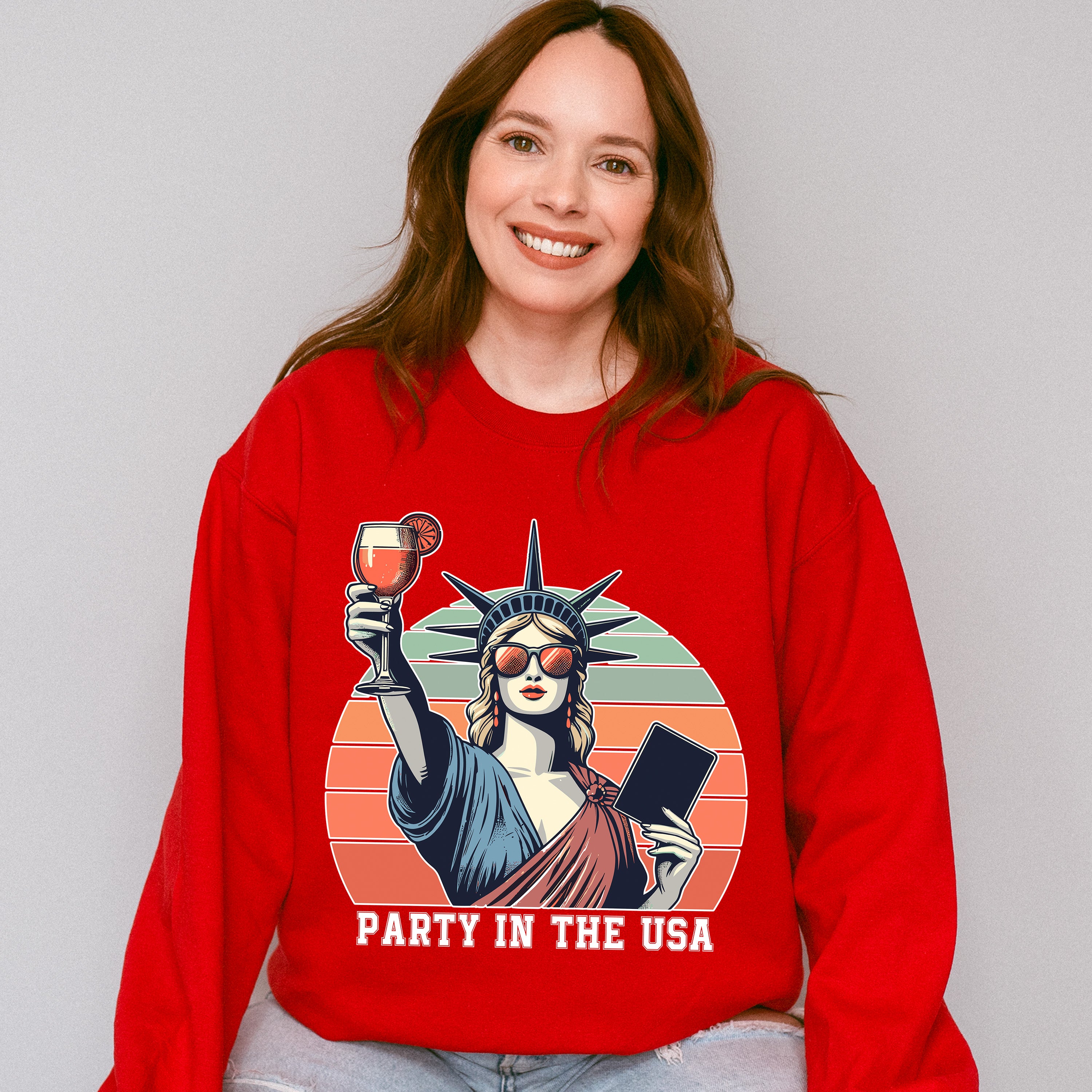Statue Of Liberty Holding Drink 4Th Of July Unisex Crewneck T-Shirt Sweatshirt Hoodie